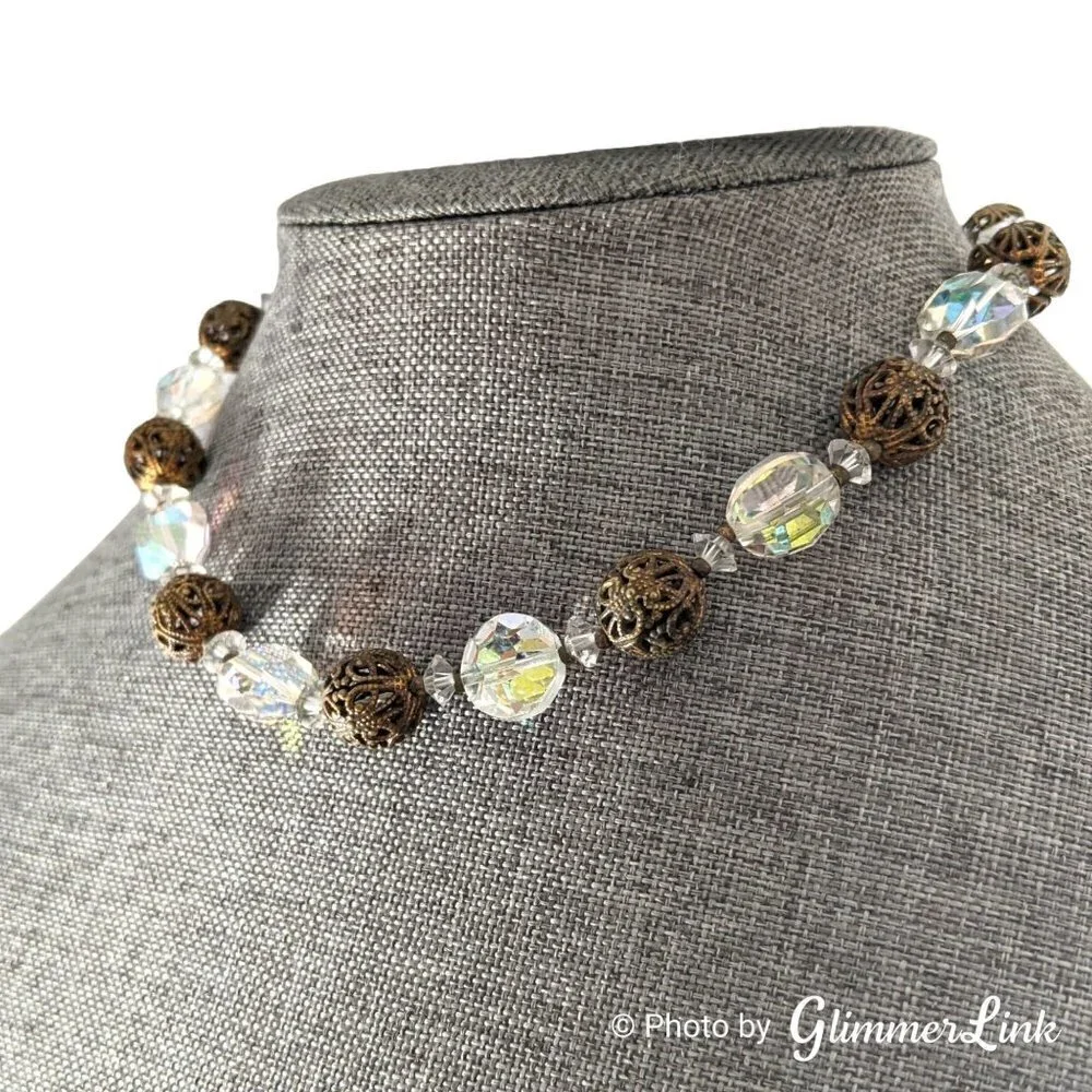 Vintage 1960s Lisner Aurora Borealis Filigree Beads Choker Necklace